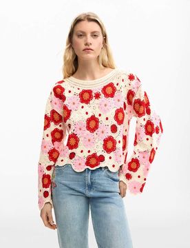 Pull au crochet avec fleur - Blanc S
