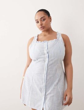 Esmée Curve - Gestreiftes Mini-Strandkleid in Blau und Weiß mit Rüschenbesatz Blau 58