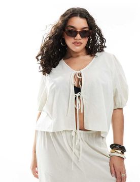 Esmée Curve - Exclusivité - Top de plage à manches bouffantes et liens devant - Grège-Neutre 48