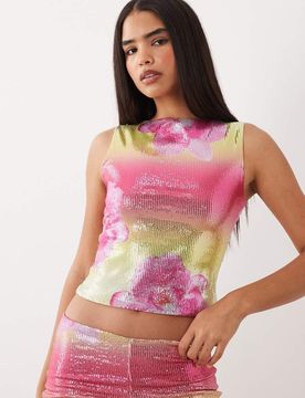 Exclusivité - - Débardeur d'ensemble à encolure bateau et sequins - Citron et rose fleuri-multicolore 40
