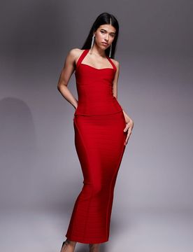 Exclusivité - - Jupe d'ensemble sculptante longue et moulante style bandage de qualité supérieure - Rouge 38