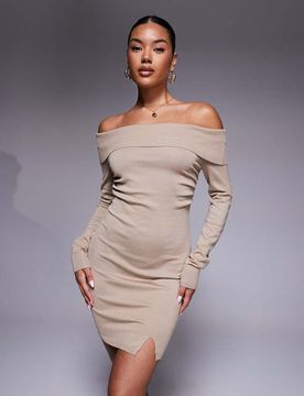 Exclusivité - Robe pull courte en maille à détails côtelés avec fente latérale et encolure Bardot rabattue - Sable-Neutre M