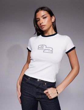 Exclusivité - - T-shirt effet rétréci en coton majoritaire à imprimé graphique sur le devant - Blanc 42