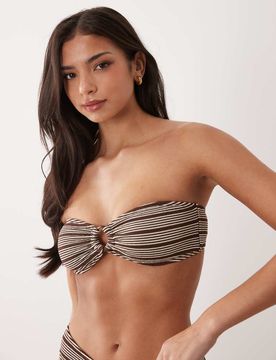 Exclusivité - - Top bandeau texturé avec anneau en résine - Marron et crème rayé-Multicolore 34
