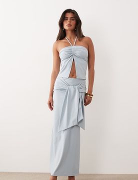 Exclusivité - - Jupe longue d'ensemble près du corps avec détail drapé noué à la taille - Bleu pastel-multicolore 38