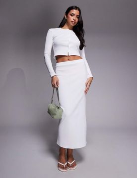 Exclusivité - - Jupe longue droite d'ensemble en tissu côtelé à taille mi-haute - Blanc 36