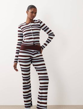 Exclusivité - - Pantalon d'ensemble évasé en tissu côtelé rayé à taille rabattue - Bleu et chocolat-Multicolore 38