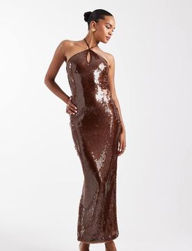 Exclusivité - - Robe longue avec encolure américaine croisée devant - Bronze-Brown 42