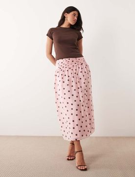 Geraffter Maxirock in Rosa mit Punktemuster, Kombiteil Rosa 40