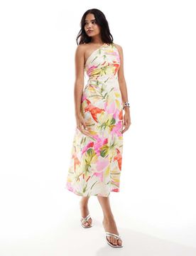 Midaxi-Kleid mit Blumenmuster in leuchtenden Farben und One-Shoulder-Träger-Rot Rot 40