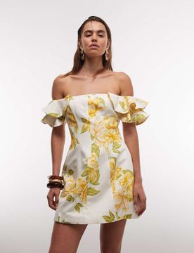 Schulterfreies Minikleid mit Volants und Blumenmuster in Gelb Gelb 46