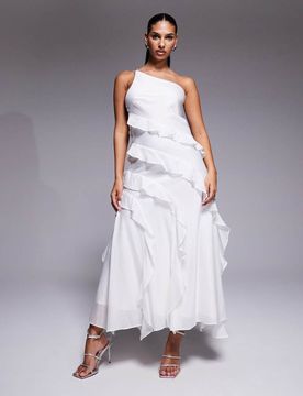 Robe de mariée longue en mousseline asymétrique à volants - Ivoire-Blanc 36
