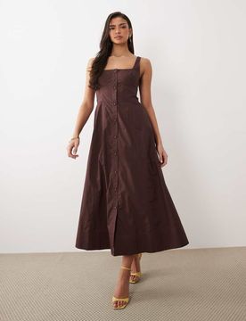 Robe patineuse mi-longue boutonnée à détail corset - Marron 32