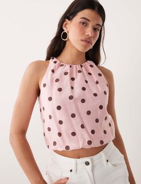 Top d'ensemble à pois avec ourlet bouffant et encolure américaine - Rose 36