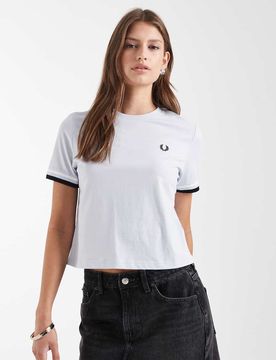 Kurzärmliges T-Shirt in Blassblau mit auffälligen Zierstreifen Blau 36