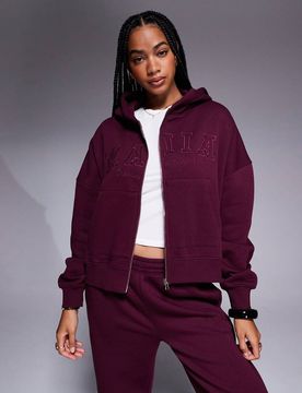 Sweat à capuche d'ensemble en coton majoritaire avec fermeture éclair et logo brodé - Cerise foncé-Rouge 32