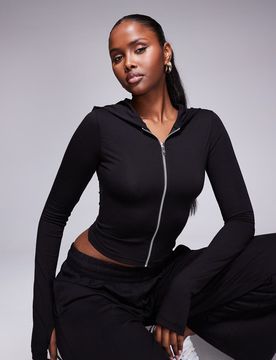 Sweat à capuche zippé d'ensemble riche en coton doux au toucher - Noir 46
