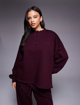 Sweat d'ensemble oversize en coton mélangé avec col boutonné - Bordeaux-Rouge 38