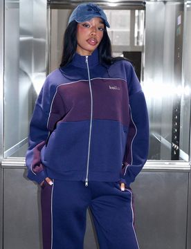 Sweat d'ensemble oversize zippé riche en coton avec rayures contrastées - Bleu marine et bordeaux-Multicolore 42