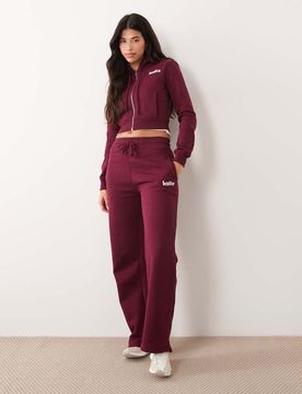 Pantalon de jogging d'ensemble ample à bande nervurée et étoile sur la poche - Bordeaux et rose-Multicolore 38