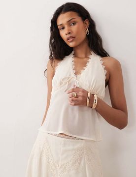 Yasmeen - Neckholder-Oberteil aus Chiffon und Spitze in Cremeweiß-Neutral Neutral 42