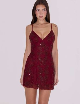 Catarina - Von Hand mit Perlen besticktes Minikleid in Weinrot Rot S Regular