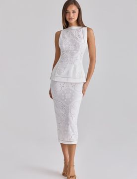 Cecilia - Jupe mi-longue en coton à broderie anglaise en dentelle placée - Blanc XL A-C Cup