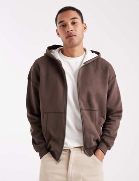 Kastiger, gefütterter Kapuzenpullover in Braun mit durchgehendem Reißverschluss-Brown Brown XL