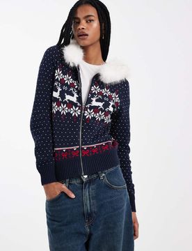 Pull en maille zippé à capuche en fausse fourrure - Bleu marine à motif jacquard XS