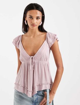 Top babydoll style bohème avec ourlet en pointe - Rose M