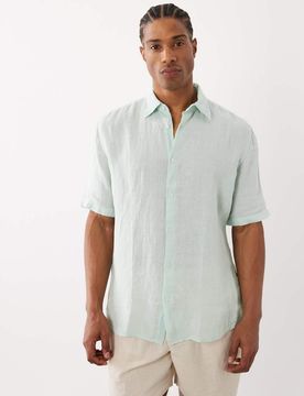 HUGO BOSS - Kurzärmliges Regular-Fit-Hemd aus Leinen in Türkis mit Knopfleiste-Blau Blau XL