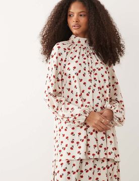 Top d'ensemble fluide à col montant et manches ballon avec imprimé roses - Crème-Multicolore S