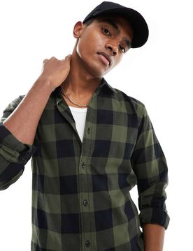 Essentials - Holzfällerhemd in Khaki und Schwarz-Grün Grün XL