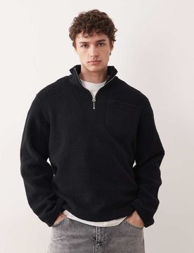Fleece-Sweatshirt in Schwarz mit kurzem Reißverschluss und Muster Schwarz L