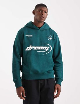 Kapuzenpullover in Tannengrün mit Grafik am Rücken Grün M