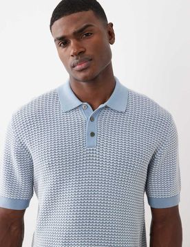 Premium - Bedrucktes Strick-Polohemd in Hellblau Blau S