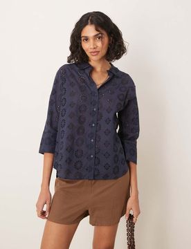 Chemise à manches 3/4 en maille pointelle - Bleu marine XS