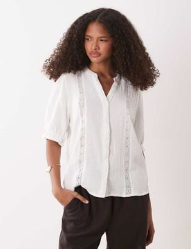 Chemise en gaze avec rayures en dentelle - Blanc S