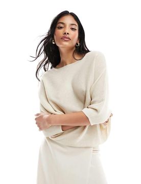 Gerippter Pullover in Creme mit Fledermausärmeln-Weiß Weiß XS
