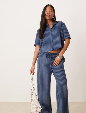 Pantalon large d'ensemble à rayures - Bleu foncé L