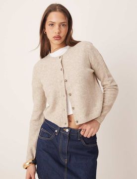 Strickjacke in Beige mit Wollanteil und Rundhalsausschnitt-Neutral Neutral M