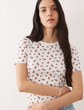 T-shirt côtelé à imprimé roses - Blanc XS
