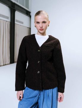 Taillierte Blazerjacke aus Bouclé in Schokobraun-Brown Brown XL