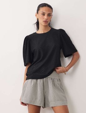 Top à manches longues en broderie anglaise - Noir M