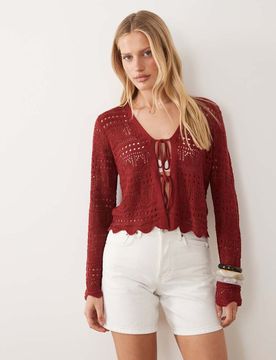 Vorne gebundene Häkelstrickjacke in Burgunderrot Rot 2XL