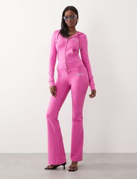 Pantalon de jogging d'ensemble évasé à taille basse et logo à strass - Rose vif S