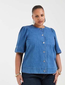 Blouse en denim à manches courtes - Bleu moyen 48