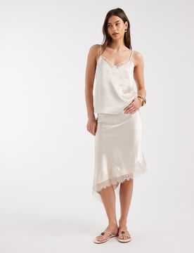 Jupe d'ensemble mi-longue et asymétrique en satin et dentelle - Grège-Neutral 44