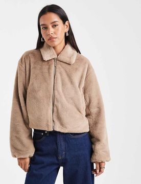 Kunstpelzjacke in Beige mit Reißverschluss-Neutral Neutral 36