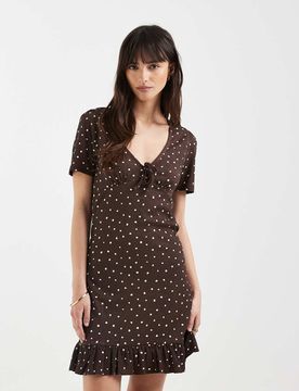 Minikleid in Braun mit Polka Dots und V-Ausschnitt Braun 38